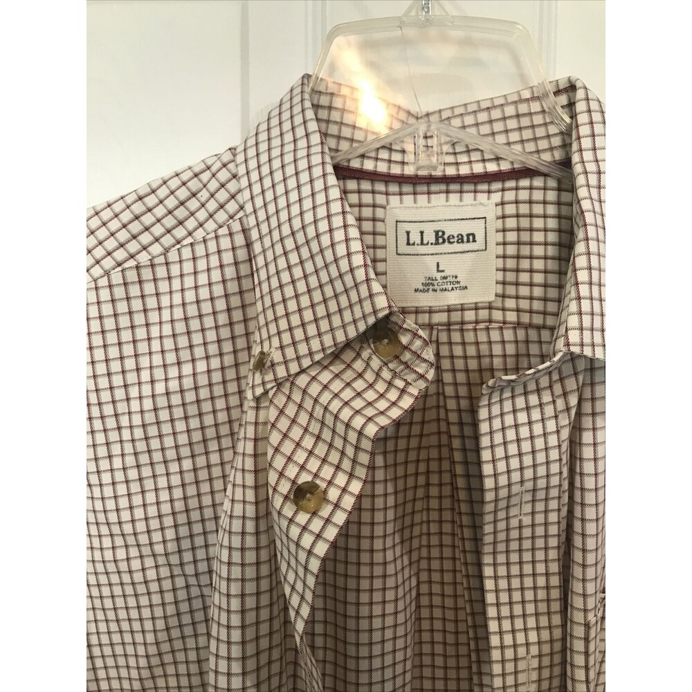 LL Bean Mens Button Down Shirt Windowpane Print Tan Red Men's L Tall